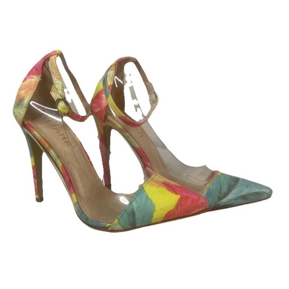 Liliana Tropical Floral Clear‎ PVC Ankle Strap Pointed Toe Stiletto Pumps Size 8